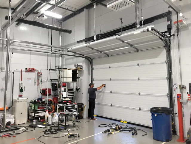 Ipswich Garage Door Repair certified technician performing commercial door repair at a Ipswich business facility