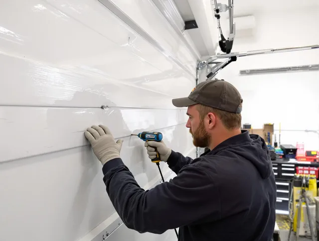 Ipswich Garage Door Repair technician demonstrating precision dent removal techniques on a Ipswich garage door
